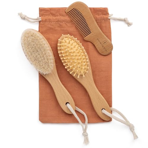 Image of Natural Baby Brush Set - Wooden Brushes and Comb With Boho Travel Bag for Girl or Boy - Soft Goat Hair Brush for Cradle Cap, Bamboo Toddler Brush, Newborn Hairbrush for Scalp Grooming