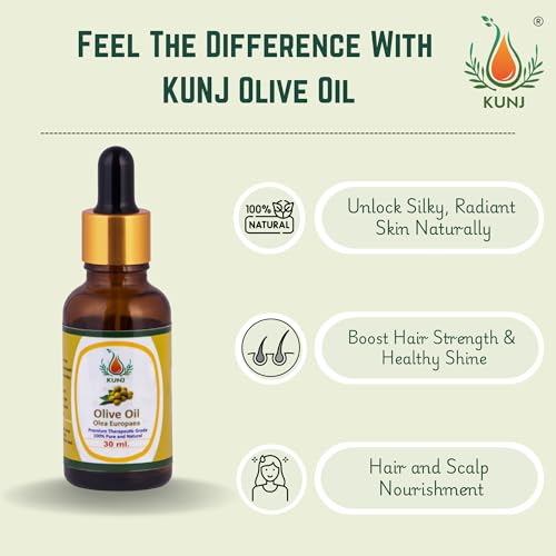 Image of KUNJ Olive Oil (Olea europaea) 30ML - 100% Pure & Natural, Undiluted, Cold Pressed - Premium Therapeutic Grade Carrier Oil for Skin Care, Hair Nourishment & Hydration
