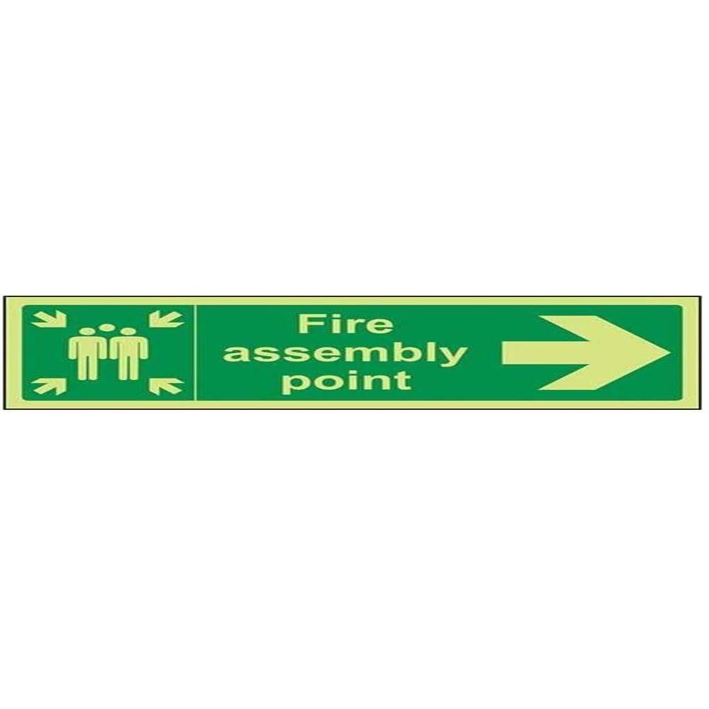 VSafety 17022BJ-G "Fire Assembly Point Arrow Right" Sign, Glow In Dark, 1 mm Plastic, Landscape, 450 mm x 150 mm, Green