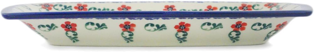 Polmedia Polish Pottery Platter 9-inch - Red Flower Lattice Pattern Handmade in Boleslawiec Poland by Ceramika Dalia + Certificate of Authenticity