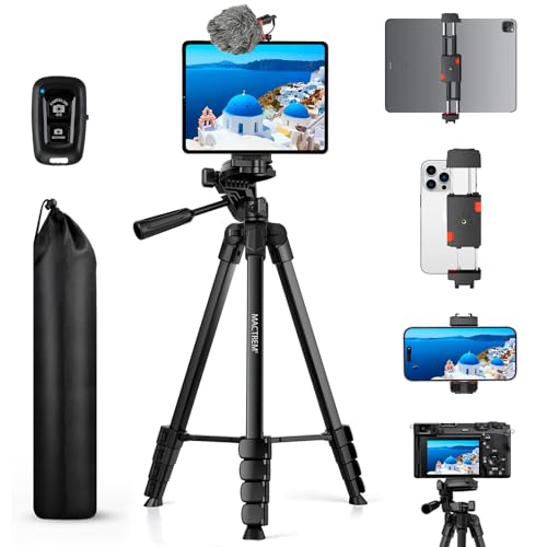 MACTREM iPhone iPad Tripod Stand, 67' Phone Tripod for iPad Tablet Camera with 2 in1 Holder Remote Carry Bag, Aluminum Extendable iPhone Stand for Video Recording/Selfies/Live Stream/Vlogging