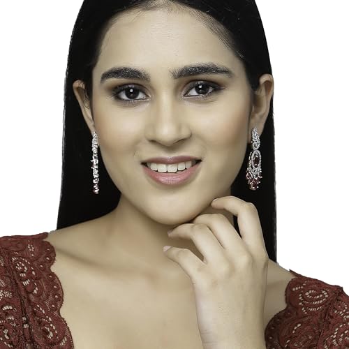 Image of ZENEME Rhodium-Plated American Diamond Studded Oval & Leaf Shaped Drop Earrings For Girls and Women