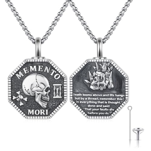 Adnix Memento Mori 骨壺ネックレス 925スターリングシルバー Memento Mori ネックレス 灰 頭蓋骨 ハロウィン 記念 火葬ジュエリー 男性用