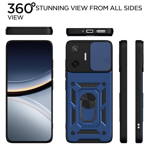 Image of Outlouders Back Cover for Poco F7 5G | D10 Tough Armor 360 Protection Case with Sliding Camera Shield & Ring Holder Stand Bumper Case (Blue)