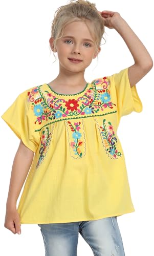 Image of YZXDORWJ Mexican Blouse for Girls Traditional Embroidered Summer Short Sleeve Peasant Blouse for Kids