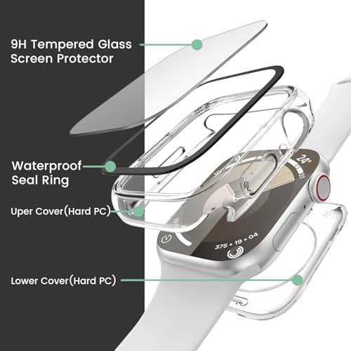 Image of 3 in 1 Goton Waterproof Hard Case for Apple Watch Screen Protector 45mm, 360 Slim Full Protective Tempered Glass Face Cover + Back Hard PC Bumper for iWatch Series 9 /8 /7, 45mm Clear