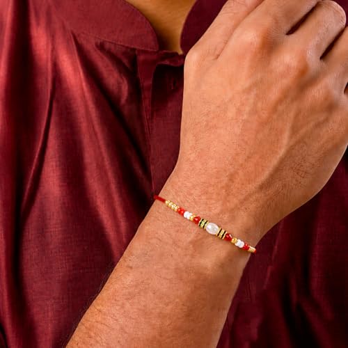 Image of Peora CZ Pearl & Crystals Studded Thread Rakhi for Brother Bhaiya | Combo Set of 3 | Raksha Bandhan Hamper with Roli Chawal & Greeting Card