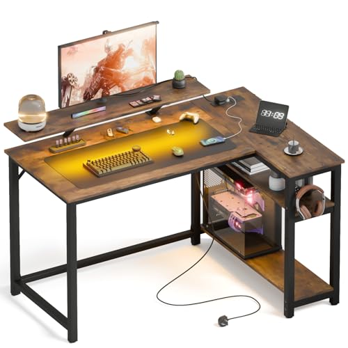 Mondeer Gaming Tisch L Form mit LED, 120 x 90 cm Reversibel Schreibtisch mit 2 Steckdosen und 2 USB Ladeanschluss, Eckschreibtisch mit Regal & Haken, für Büro Heimbüro, Vintage Braun