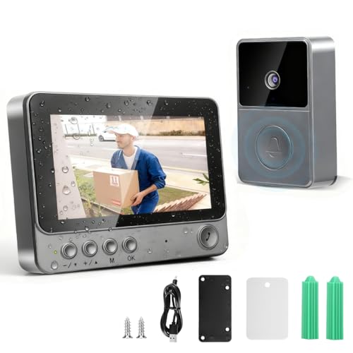 1080p timbre inalámbrico con cámara, IP65 timbre inalámbrico al aire libre impermeable con pantalla de 4.3', videoportero inalámbrico con cámara HD intercomunicador visión nocturna infrarrojo audio