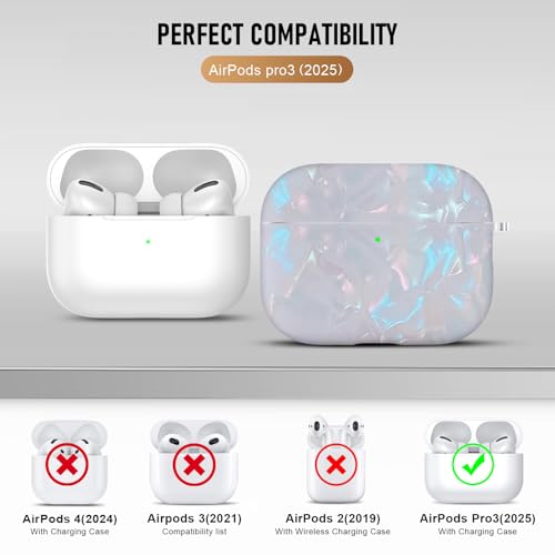 Image of Compatible Airpods Pro 3 Case (2025),Design Shell Print Silicone Protective Cases for Apple AirPods Pro 3rd Generation Case,Airpod Pro 3 Cover with Keychain&Cleaner Kit for Women /Girls,White Shell