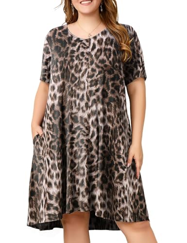 Image of OVERWORETY Womens Short Sleeve Plus Size T-Shirt Dress V Neck Casual Loose Swing A-Line Summer Tunic Dresses with Pockets