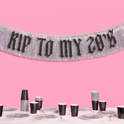 Image of xo, Fetti RIP to My 20s Fringe Banners - 1 Black Glitter & 1 Iridescent Fringe, 5.5 Ft. | Birthday Decorations, Bday Party Sign, 30th Photoshoot Backdrop, Dirty Thirty Funeral Decor