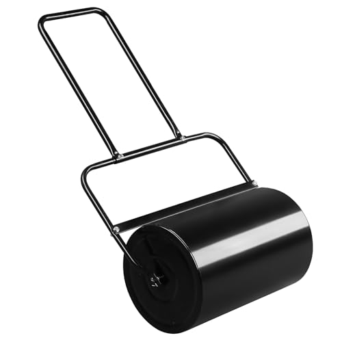 Heavy-Duty Push Lawn Roller, Black, Iron, 18.9 Inch Drum, U-Shaped Handle, Scraper Bar, Removable Drain Plug, Wall-Mountable