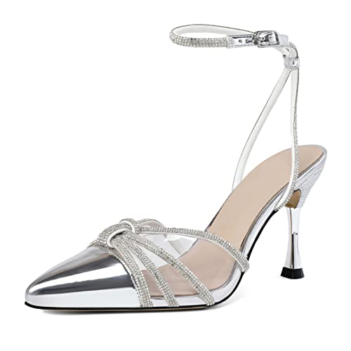 AUMOTED Women's Stiletto High Heel Pumps Ladies Clear Heels Patent Pointed Toe Pumps Crystal Rhinestones Ankle Strap Wedding Bridal Dress Heeled Sandals 3.4 Inch