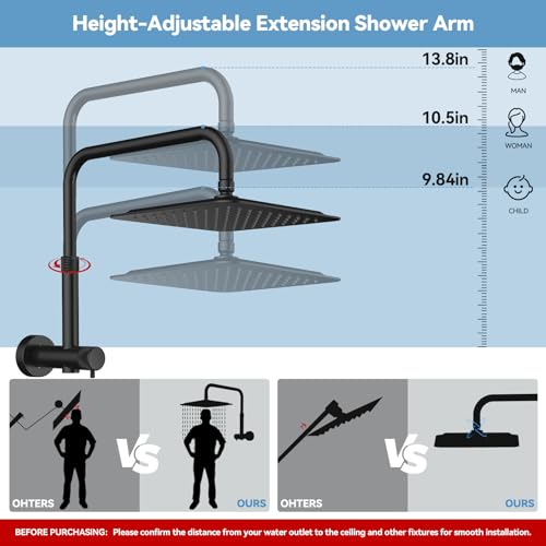 Rain Shower Head with Handheld Combo Matte Black - MakeFit 10 Inch High Pressure Rainfall Shower Head, 9 Modes Handheld Shower Head Set with Height Adjustable Shower Extension Arm and Slide Bar