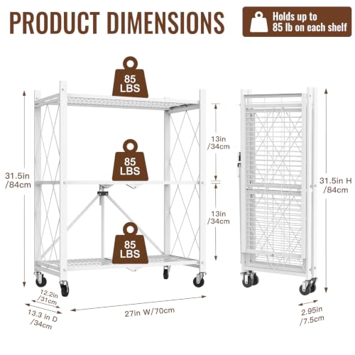 Image of black leopard 3-Tier Foldable Metal Storage Shelf with Wheels, White | Foldable Design; 85 lb Capacity per Shelf; Preassembled Frame; Lockable Casters; Reinforced Metal Construction