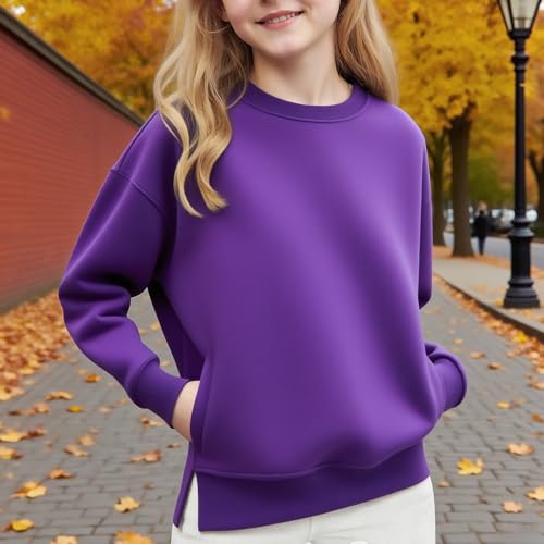 Girls Oversized Crewneck Sweatshirts Kids Fashion Fleece Drop Shoulder Pullover Tops Fall Winter Basic Solid Color Clothes3