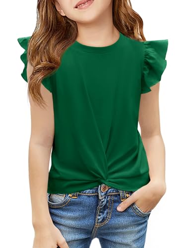Image of Haloumoning Girls Ruffle Sleeve T Shirts Summer Crewneck Shirt 5-14 Years | Flutter Ruffle Short Sleeve, Twist Front, Casual, Solid, Loose Fit, Tees Tops