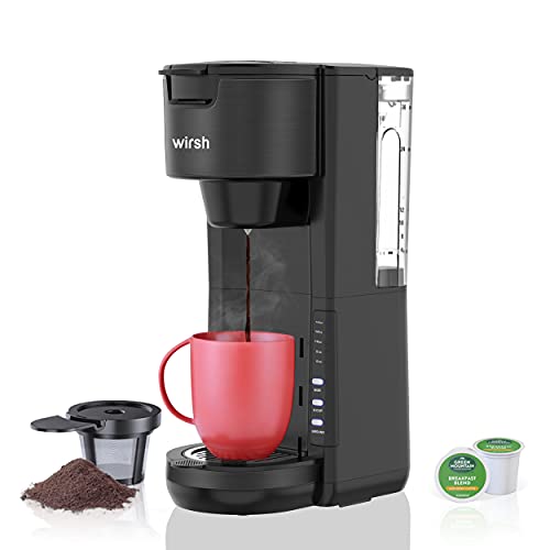 Wirsh Single Serve Coffee Maker, Single Cup Coffee Maker Compatible with K-Cup Pod and Ground Coffee, Compact K-CUP Coffee Machine with 30 oz Detachable Reservoir,5 brew size and Adjustable Drip Tray
