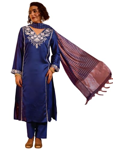 Image of Naixa Women's Viscose Silk Embroidered Straight Kurta with Pant | Viscose Jacquard Dupatta Set | Full Sleeve | V-Neck | Festive (Available in Plus Size)