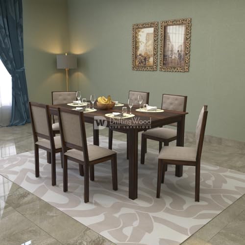 DRIFTINGWOOD Izabel Dining Table 6 Seater | Six Seater Dinning Table with 6 Chairs for Home with Beige Cushions | Rosewood, Walnut Finish, Self Assembly(DIY)