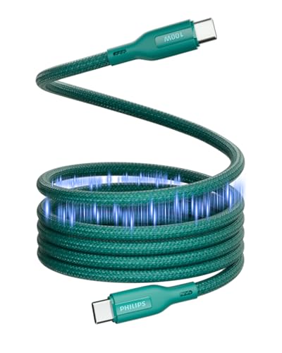 Image of Philips 100W Fast Charging USB C to USB C Cable, 1 Meter Magnetic Nylon Braided Type C to Type C Cable for Phones, Laptop, C to C Cable 480Mbps Data Sync, Crystal Teal