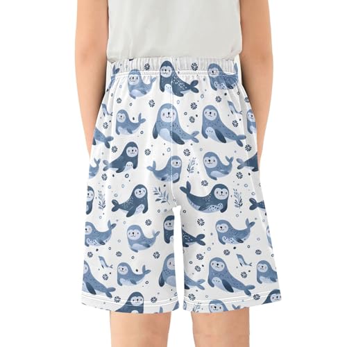 ALAZA Dolphin Leaf Colored Sea Lion Pajama Shorts Elastic Waist Casual Sleep Shorts with Pockets Size 6-142