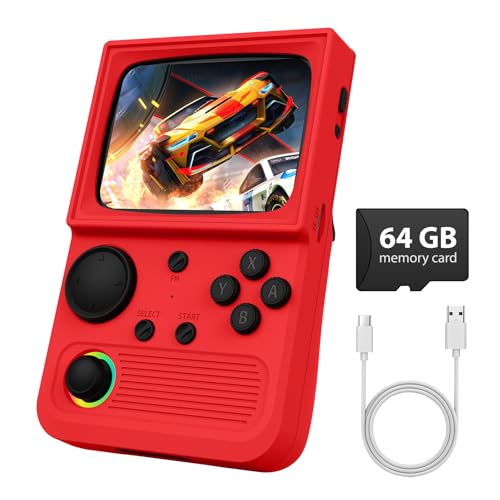 Image of R36T Retro Game Console, Handheld Game Console with 3.5in IPS HD Screen, Video Game Consoles Supports WiFi Networked Fighting and OTG, 3500mAh Battery, 64GB TF Card, Red
