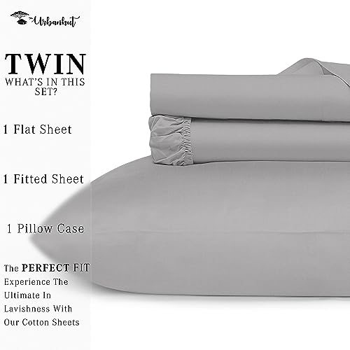 URBANHUT Egyptian Cotton Sheets - Twin Size, 3 Pc Set, Luxury Hotel Sateen Sheets, Deep Pocket - Silver Grey