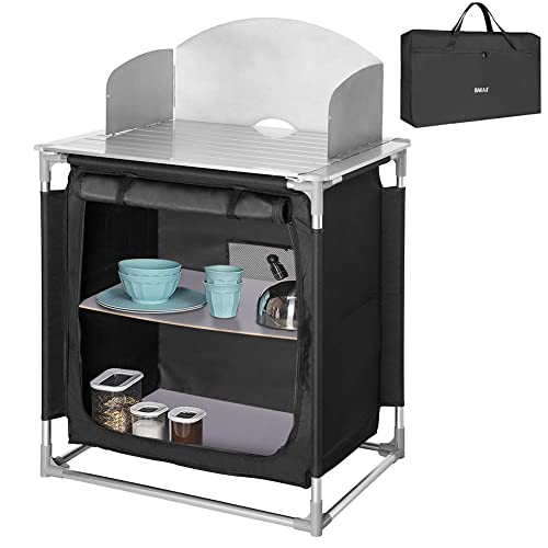 BAKAJI Cucina Armadio Mobiletto Tavolo da Campeggio Picnic, Cucinotto Nero Compatto, Portatile e...