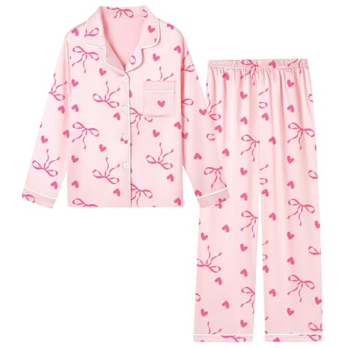 Image of Schbbbta Girls & Women Satin Pajamas Set, 2Piece Silk Nightwear Button-Down Sleepwear for Teen Kids, 3 Years - Women XXL