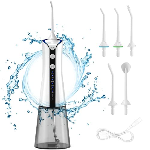 TUREWELL Water Dental Flosser Cordless, Oral Irrigator for Teeth Cleaner, 5 Jet Tips and 6 Modes, IPX7 Waterproof , 300ML Portable Water Dental Oral Care for Home and Travel