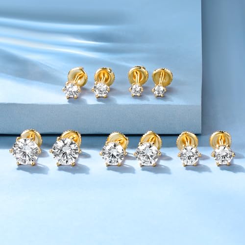 MDFUN Screw Back Stud Earrings Set for Women/Men,5 Pairs 18K Gold Plated Round Clear Cubic Zirconia Hypoallergenic Ear Pack Jewelry Gift2