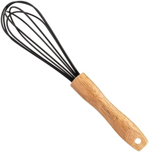 husMait 10" Silicone Whisk with Wood Handle - Black Whisk head with Wood Handle - Whisk for Pancake Batter, Eggs and Egg Whites, Cake Mix, Blending, Gravy and Sauces
