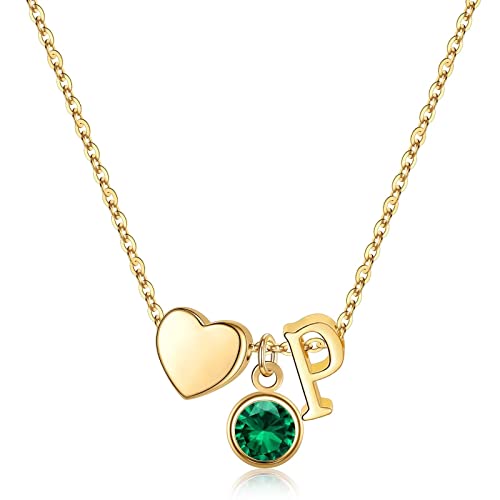 Ursilver Initial Birthstone Necklaces for Women - Heart Initial P Letter Necklace May Emerald Birthstone Pendant Necklaces Jewelry for Women Personalized Gift Birthday Gifts
