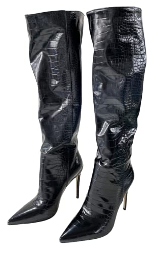 Frankie Hsu Fashion Designer Sexy Women Big Large Size Black Faux Fur Lined Crocodile Patent Leather Stiletto Knee High Heeled Calf Long Boots US4-14