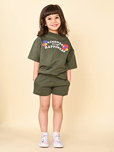 Image of LILPICKS Girls Text Printed Oversized Tee with Shorts Set (Green)