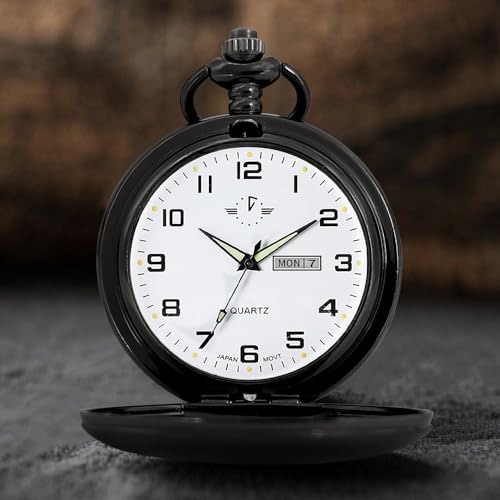 Image of BOSHIYA Smooth Quartz Pocket Watches for Men Classic Arabic Digital Luminous Dial & Day Date Pocket Watch with Chain Christmas Graduation Birthday Gifts