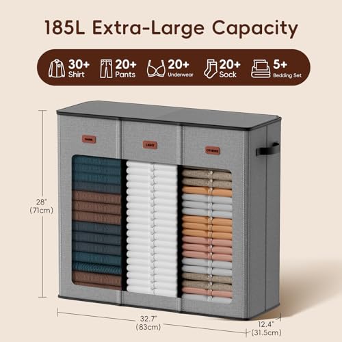 Image of 185L Laundry Hamper 3-Compartment, Laundry Basket Organizer, Gray