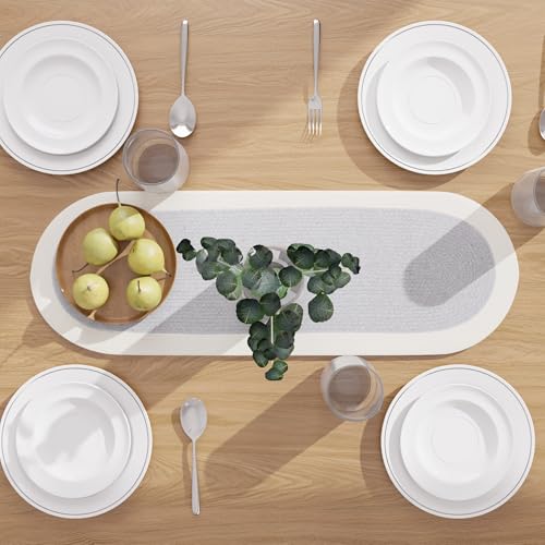 Image of Encasa XO Table Runner for 4 Seater | Handmade Ribbed Style Cotton | 30x91 cm | Light Grey & Off White | for Dining & Center Table
