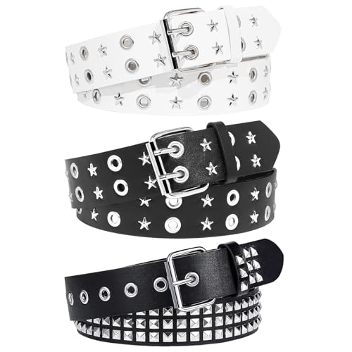 3 Pcs Black White Star Belt Studded Punk Rock Belt with Grommet Threads Bright Metal Pyramid Gothic Belts for Women Men