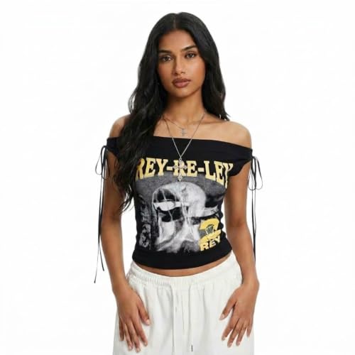 Image of ICW Women's Graphic Print Ruched Side-Tie with Bra Pads Off-Shoulder Vintage Streetwear Sleeveless Cami Crop Top Dn5152