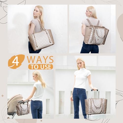 Image of miss fong Checkered Diaper Bag Tote Leather Diaper Bag Backpack, Large Capacity Mommy Bag Hospital Bag, 12 Pockets Travel Diaper Tote with Changing Pad for Mom Plaid Tote Bag for Women-Beige&Honey