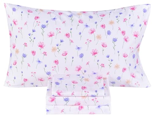 Image of Scientific Sleep Flowers Dancing in the Wind Pink Boys Girls 100% Cotton 4 Pcs Full Bed Sheet Set Kids Toddler Teen, Flat Sheet & Fitted Sheet & Pillowcase Kids Bedding Set (Flowers, Full)