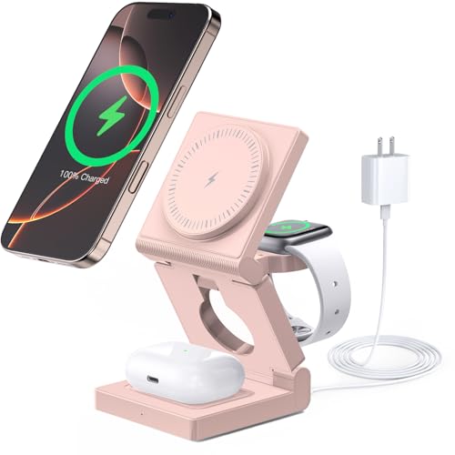 3 in 1 Wireless Charging Station for Apple Multple Devices - Foldable Magnetic Wireless Charger Dock -Travel 18W Charging Pad for iPhone 16 15 14 13 12 Pro/Pro Max/Plus/Watch & Airpods All Series Red