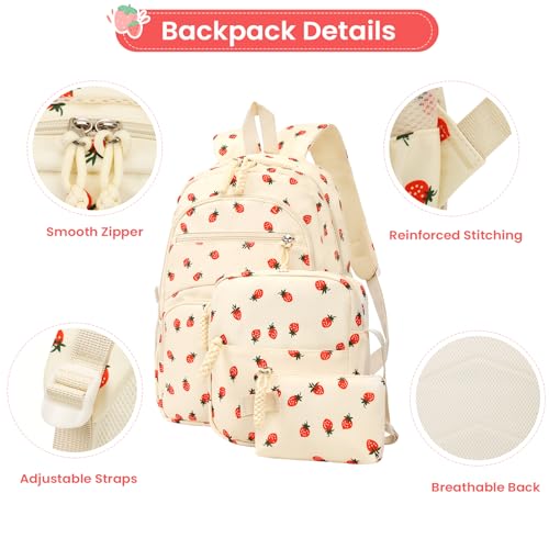 Image of Coquette Strawberry Backpack - Cute Kawaii Backpack Set Aesthetic Daypack Aesthetic Rucksack (B03 Strawberry Beige)