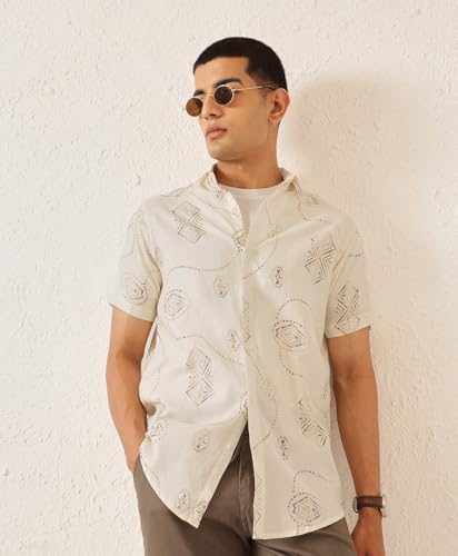 Image of Majestic Man Men's Slim Fit Pure Cotton Printed Casual Shirt - Short Sleeve | Premium Breathable Fabric | Modern Geometric Design