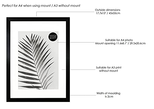 pf+a REAL GLASS A3 Frame With Mount For A4 - Oxford Black Frame With Glass - A3 for A4 Picture Frame With White Mount