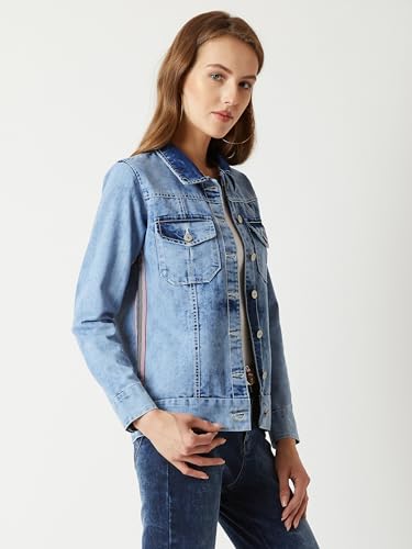 Image of Miss Chase Women's Polo Neck Full Sleeves Patch Pocket Denim Overcoat Knee-Length Jacket