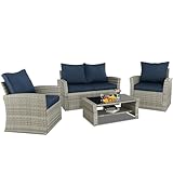 HTTH 4-Piece Outdoor Patio Furniture Sets Wicker Sofa with Cushions and Coffee Table Garden Lawn Pool Backyard Outdoor Sofa Sets (Grey-Blue, Set of 4)